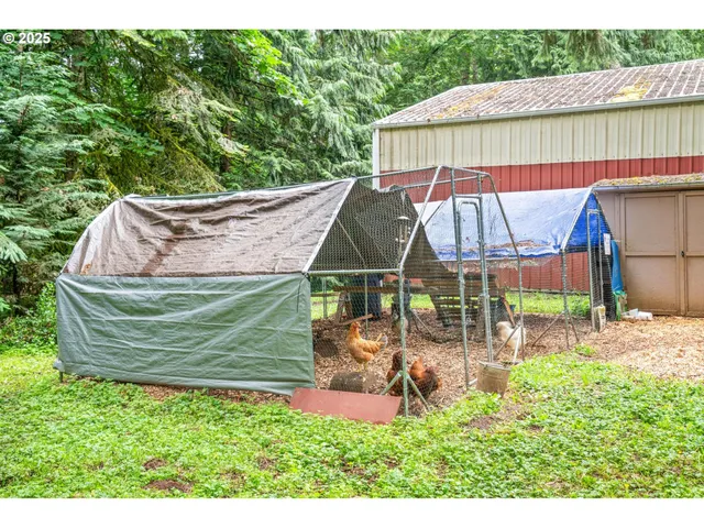 an aerial view of a house with a garden