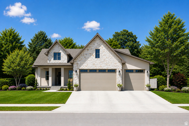 Stone and stucco exterior with gabled roof lines