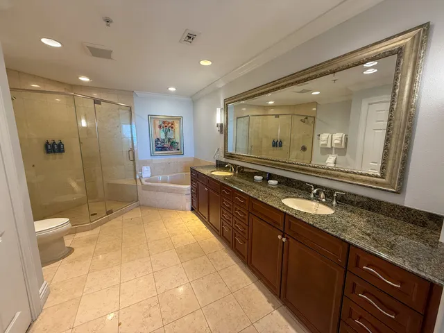a spacious bathroom with a granite countertop sink a toilet a mirror and shower
