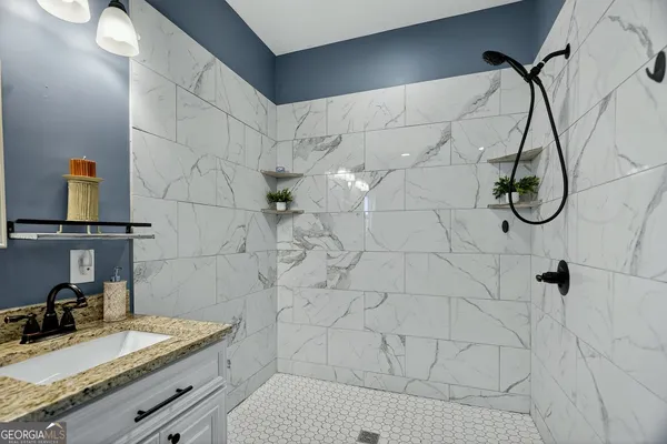 a bathroom with a bathtub