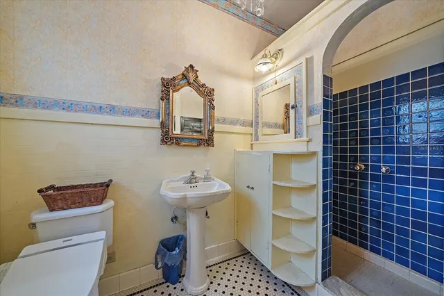 a view of a lake with a garden