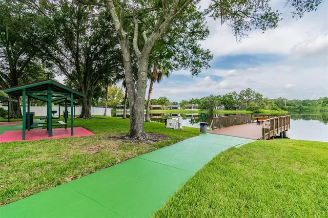 a view of a garden with lawn chairs and large trees