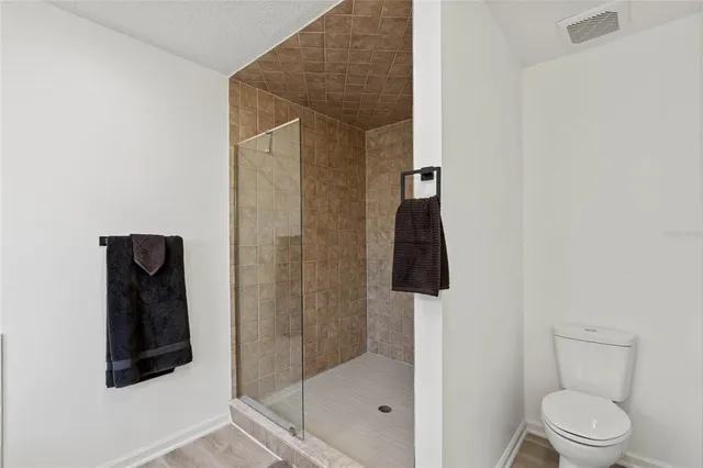 a bathroom with a shower and toilet