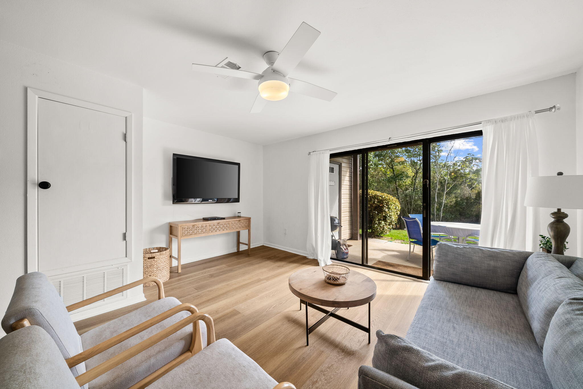 17620 Front Beach Road, Unit J2 Panama City Beach, FL 32413 - Photo 15 of 30 a living room with furniture and a flat screen tv