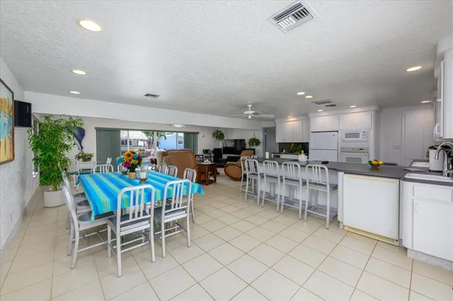 a group of people sitting in a kitchen
