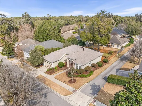 an aerial view of a house with a mountain