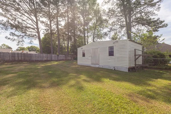 a view of a backyard with a large tree