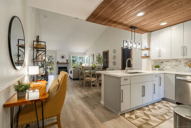 a view of a kitchen and dining room