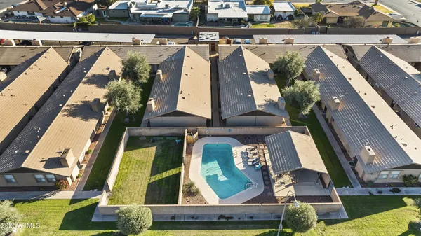 aerial view of a house with swimming pool