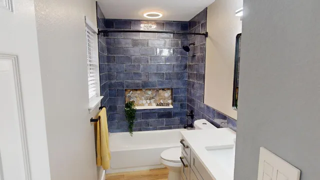 a bathroom with a bathtub