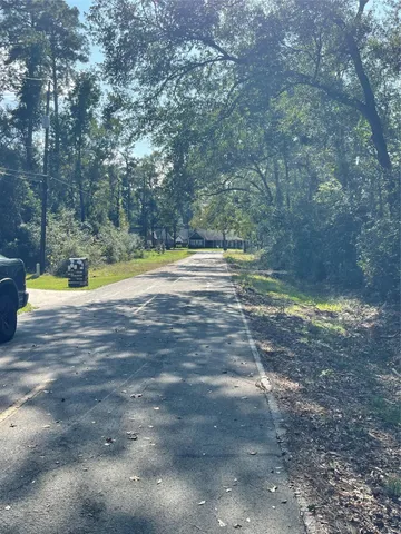 a view of a yard with large trees