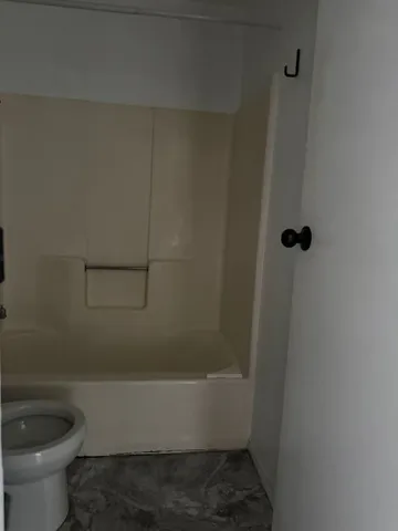 a bathroom with a shower and toilet