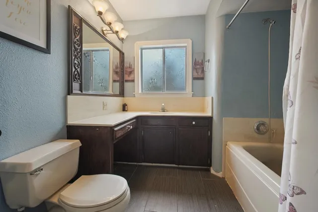 a bathroom with a sink a toilet a mirror and bathtub