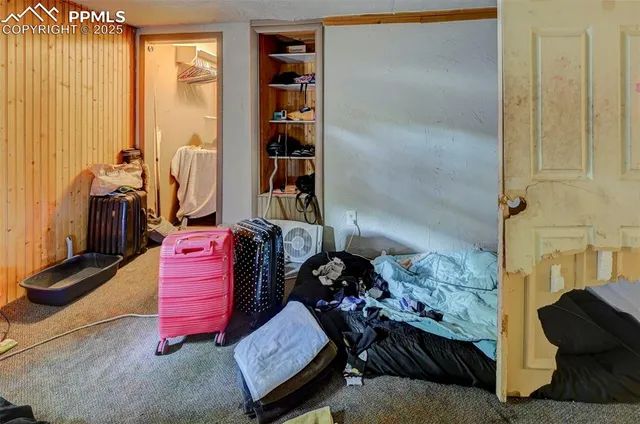 a bedroom with furniture and a book shelf