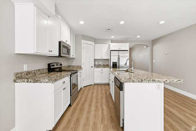 847 225 South Springville, UT 84663 - Photo 7 of 23 Modern kitchen featuring white cabinetry, granite countertops, stainless steel appliances, wood-finish flooring, and recessed lighting