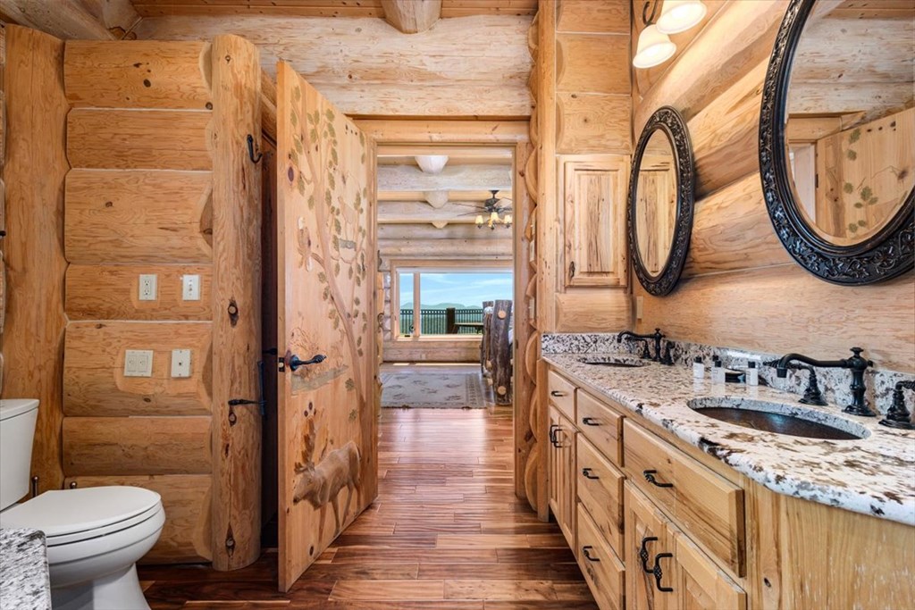 373 Rising Star Lane Mineral Bluff, GA 30559 - Photo 57 of 98 a bathroom with a granite countertop sink a toilet and a mirror