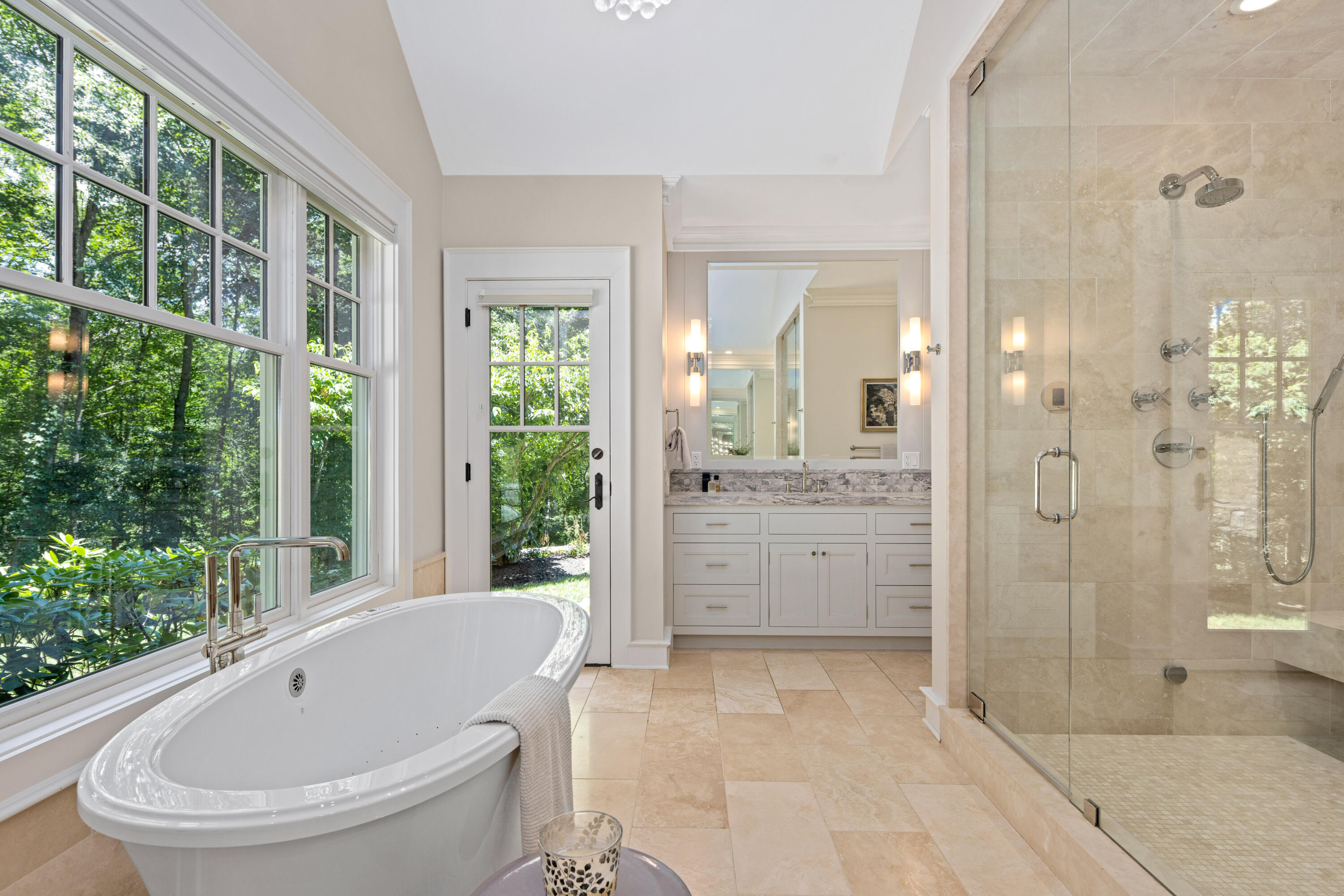 163 Chichester Road New Canaan, CT 06840 - Photo 18 of 40 a bathroom with a granite countertop tub sink and shower