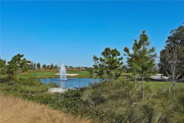 a view of a lake with houses in the background