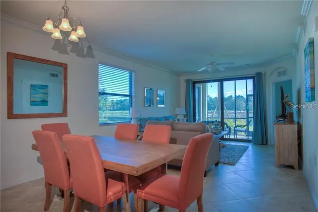 a view of a dining room with furniture window and outside view