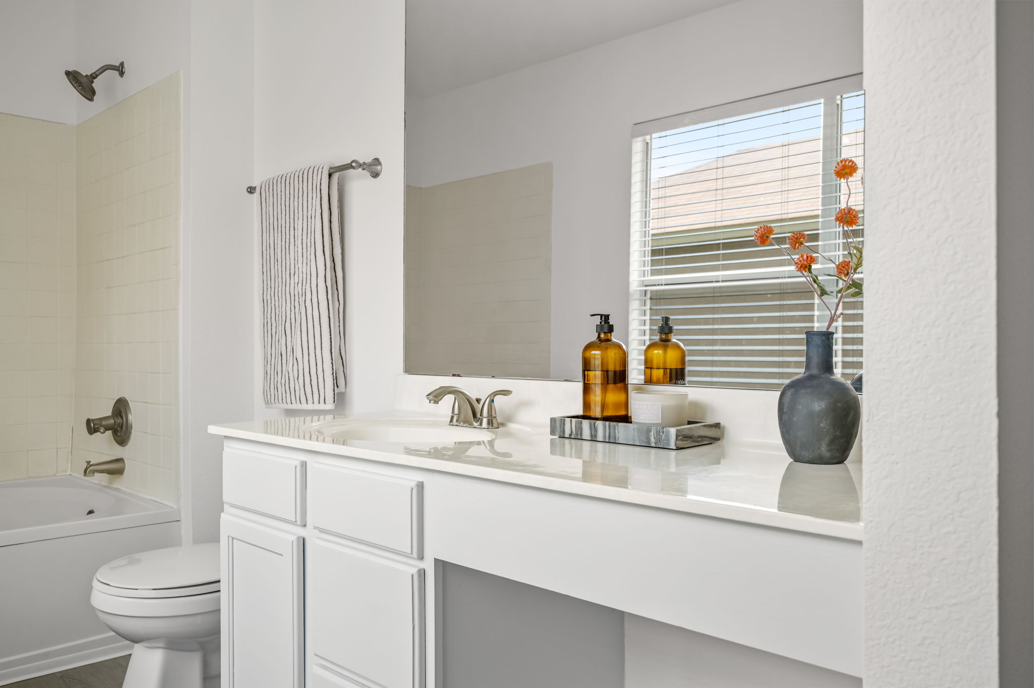 1408 Water Spaniel Way Round Rock, TX 78664 - Photo 28 of 37 A pristine bathroom vanity with a spacious counter and integrated sink, complemented by a large mirror.