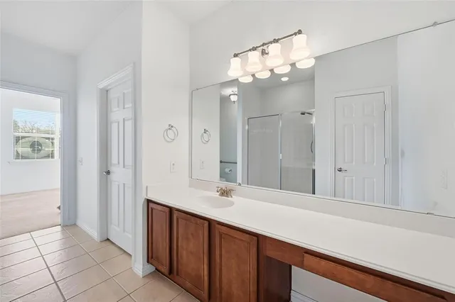 a bathroom with a sink vanity and a mirror