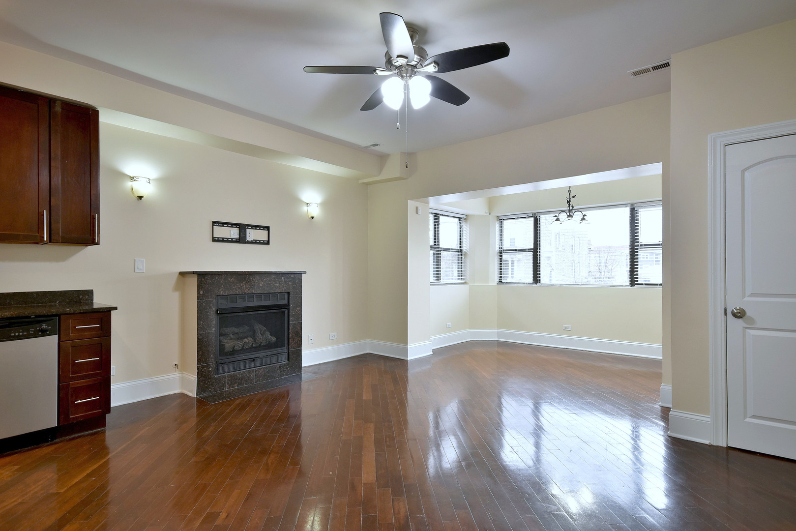 4819 South Prairie Avenue, Unit 1 Chicago, IL 60615 - Photo 4 of 16 a view of an empty room with wooden floor fireplace and a window