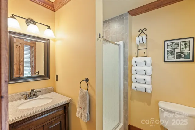 a bathroom with a sink a mirror and a shower