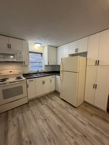 a kitchen with a refrigerator a stove top oven a sink and cabinets