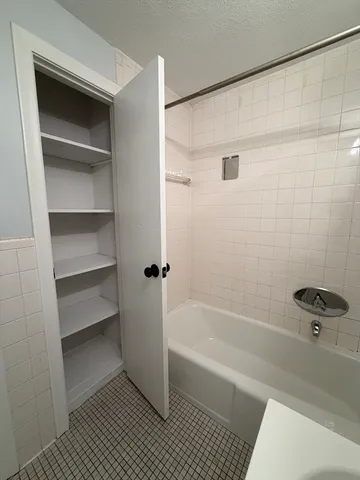 a bathroom with a bathtub and a shower