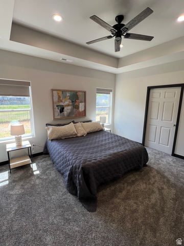 160 200 West Henefer, UT 84033 - Photo 13 of 25 Spacious room featuring a tray ceiling with recessed lighting and a ceiling fan, two windows with blinds, and plush carpeting