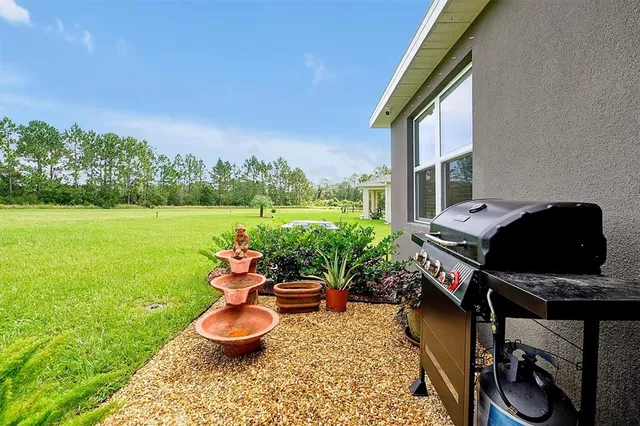a view of a house with backyard porch and garden