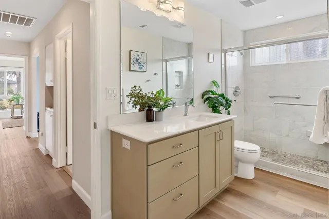 a bathroom with a sink a toilet and a large mirror