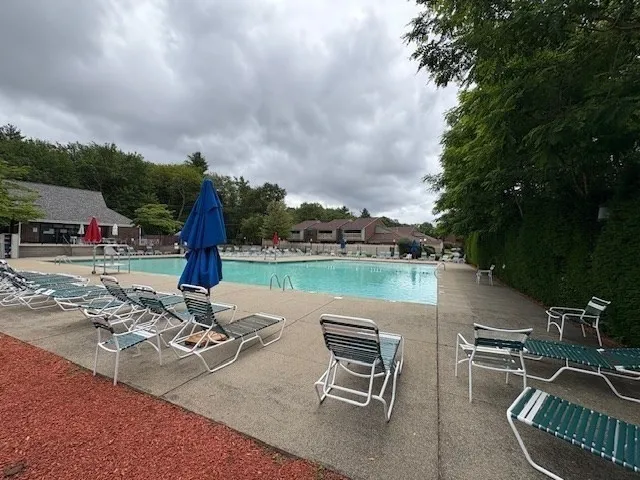 an outdoor space with furniture