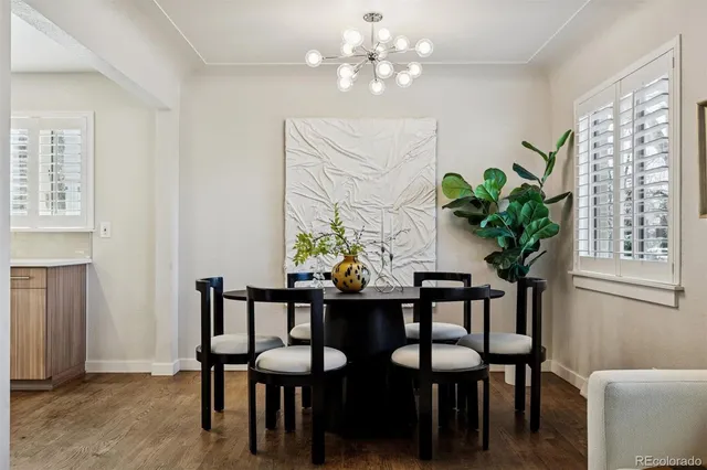 a dining room with furniture potted plants and wooden floor