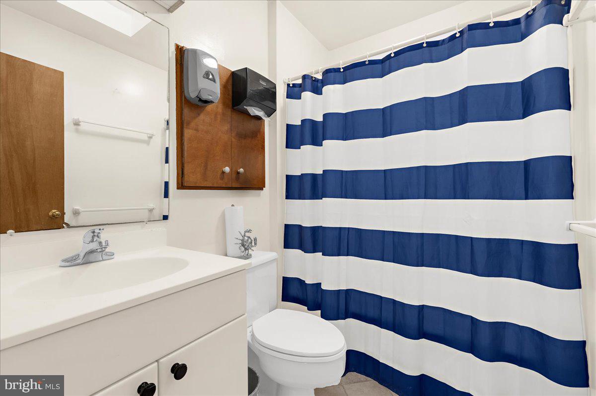 12440 Woods Road Worton, MD 21678 - Photo 16 of 37 a bathroom with a sink a toilet and shower curtain