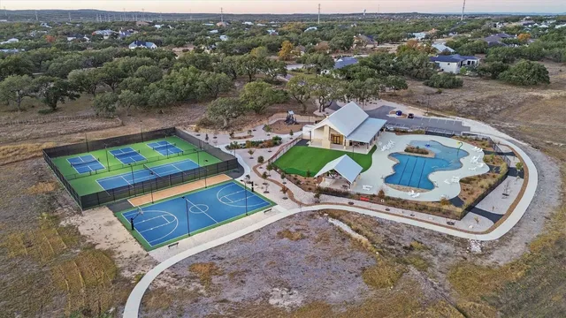an aerial view of a backyard