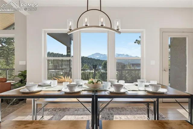 a view of a dining room with furniture window and wooden floor