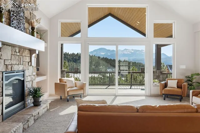 a living room with furniture and a floor to ceiling window