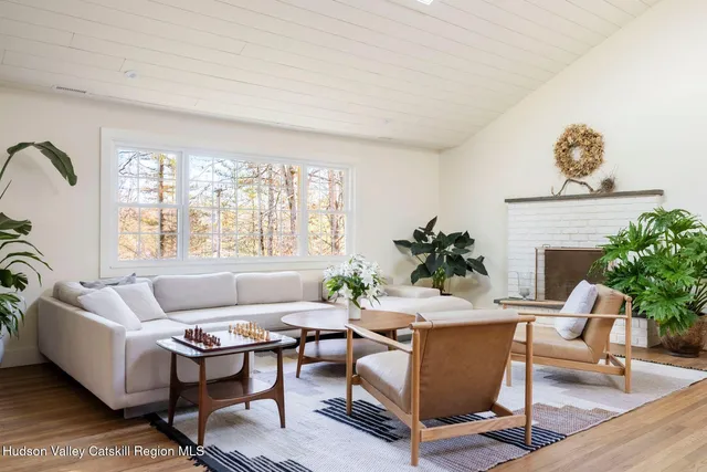 a living room with furniture a potted plant and a fireplace