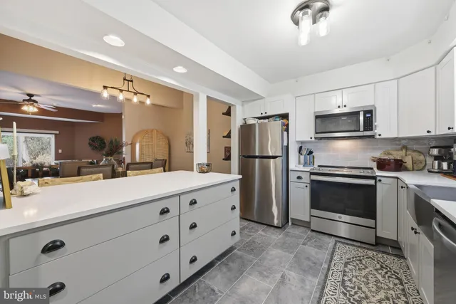 a kitchen with cabinets and stainless steel appliances