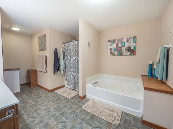 a bathroom with a bathtub and a shower