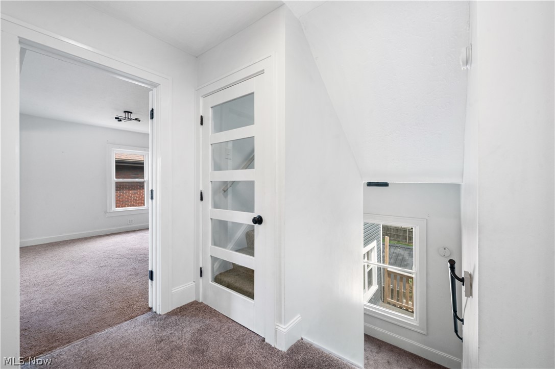 371 Merriman Road Akron, OH 44303 - Photo 19 of 27 Upper-level landing featuring light-colored carpeting, a modern multi-pane glass door with a black knob, and a hallway leading to a room with a window