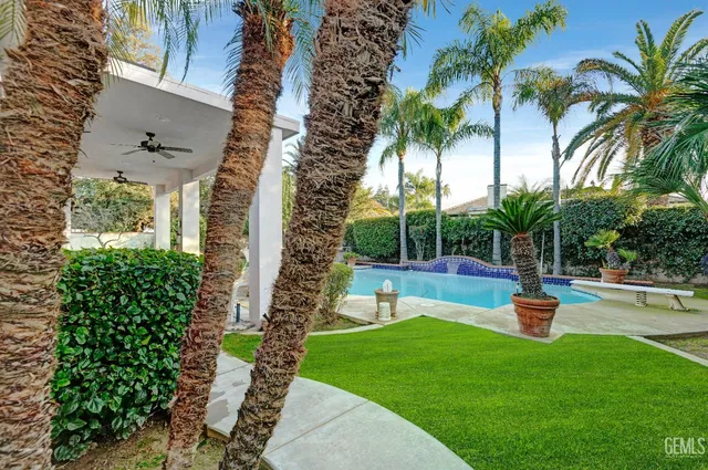 a garden view with a fountain