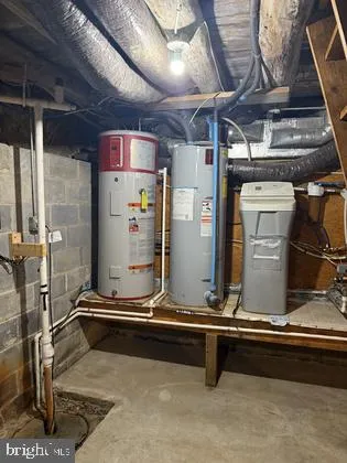 a room with water heater and stainless steel appliances