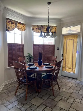 a view of a dining room with furniture and window