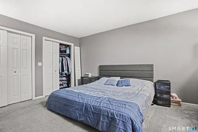 a bedroom with a bed and a closet