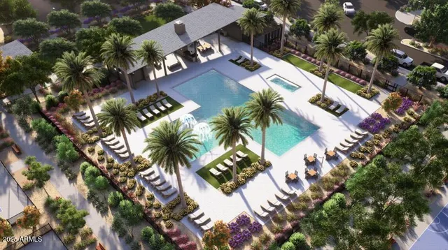 a view of a yard with plants and palm trees