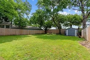 a view of a backyard with large trees and wooden fence