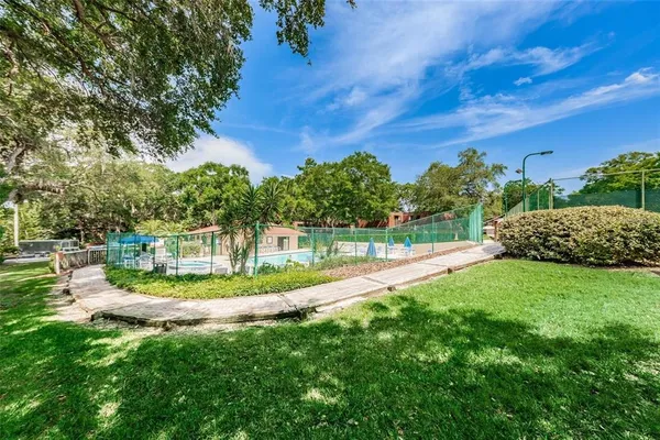 a view of a garden with a slide