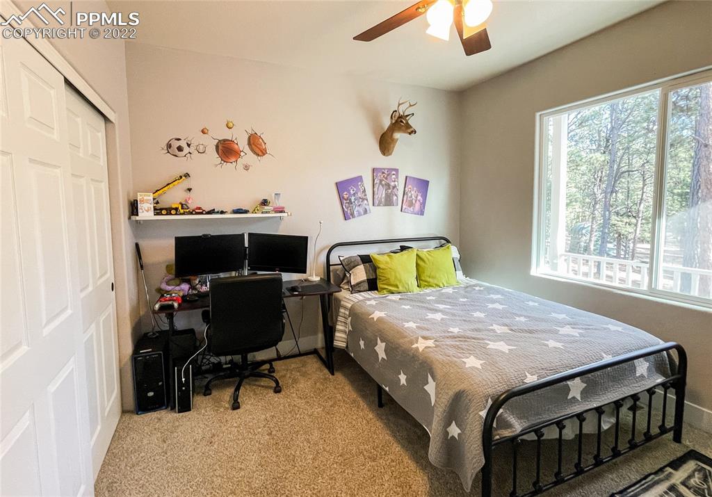 10220 Hardy Road Colorado Springs, CO 80908 - Photo 27 of 36 a bedroom with a bed and a chandelier